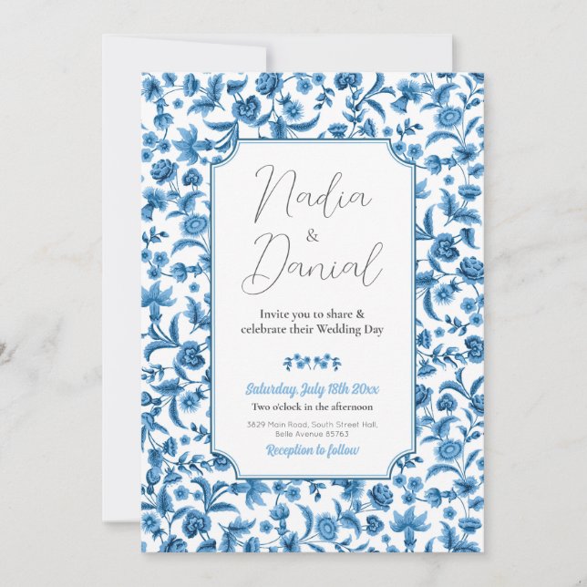 Invitation Mariage Chintz Blue & White Floral Ditsy Party (Devant)