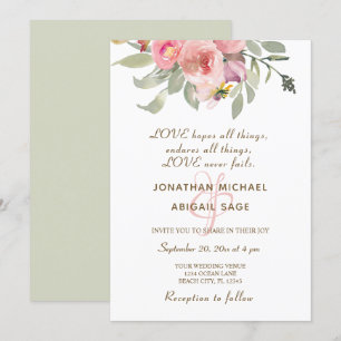 Invitation Mariage chrétien à cadre rose floral rose