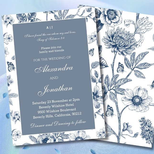 Invitation Mariage Chrétien à Motifs Floraux Bleus Chinoiseri (Créateur téléchargé)