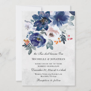 Invitation Mariage chrétien bleu foncé rose pâle