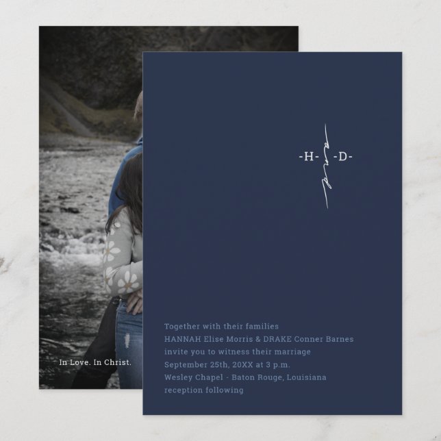 Invitation Mariage Chrétien | Croix des Initiales du Couple | (Devant / Derrière)