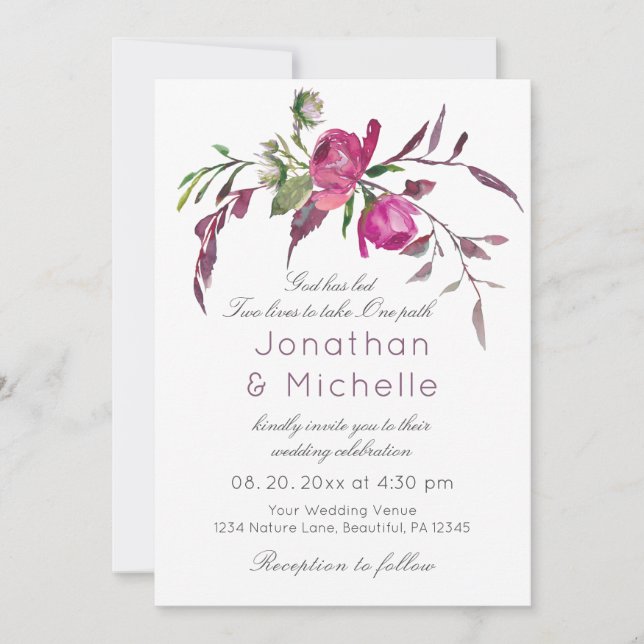 Invitation Mariage Chrétien Élégant Fleurs Violettes et Roses (Devant)
