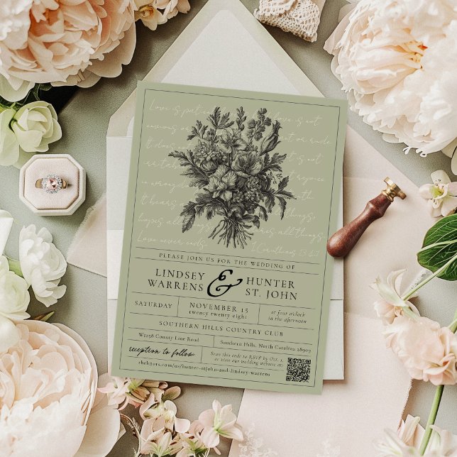 Invitation Mariage Chrétien Moderne Fleurs Vintage Vert Sauge (Classic QR code digital vintage floral elegant modern Christian faith bible verse wedding invitation)