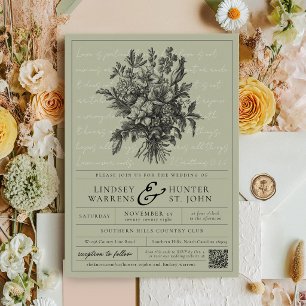 Invitation Mariage Chrétien Moderne Floral Vintage Vert Sauge