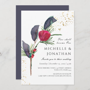 Invitation Mariage chrétien moderne rouge vert gris hiver
