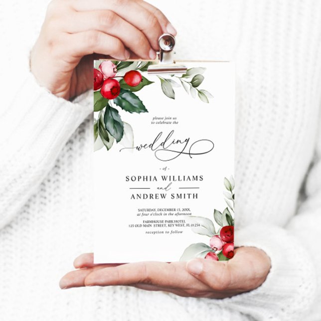 Invitation Mariage Christmas Greenery & Red Berries (Christmas Wedding Invitation)