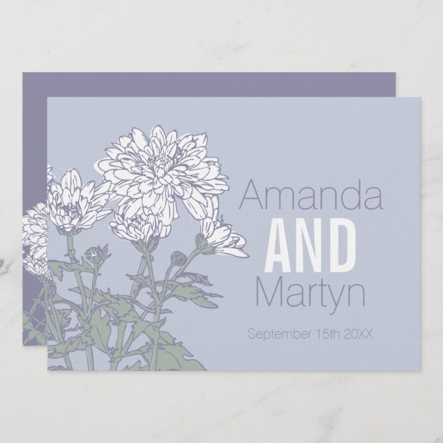 Invitation Mariage chrysanthème fleur blanche sur mariage gri (Devant / Derrière)