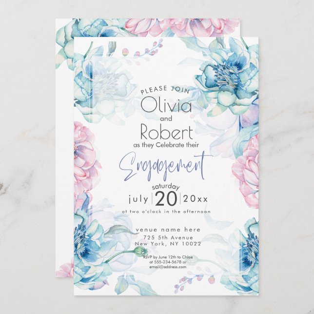 Invitation Mariage | Ciel Bleu et Bubblegum Pink Peonies (Devant / Derrière)