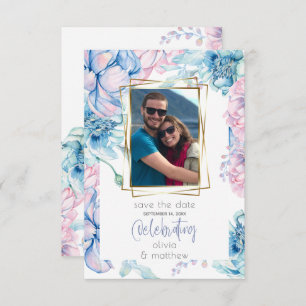 Invitation Mariage Ciel Bleu et Bubblegum Pink Peonies