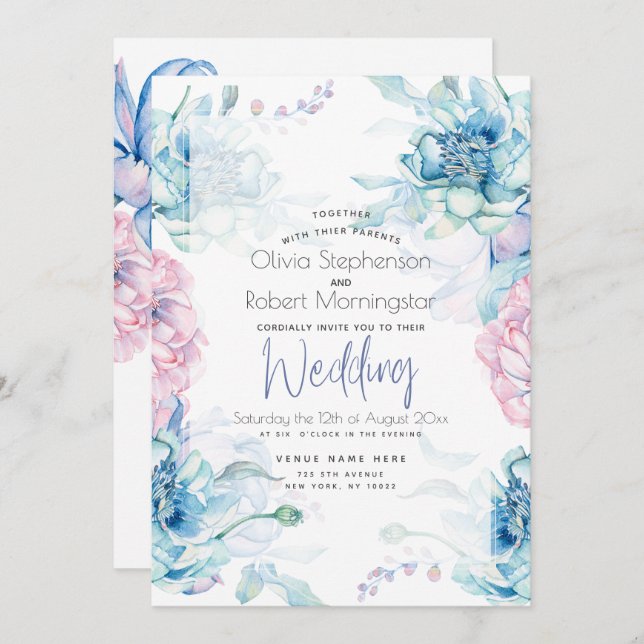 Invitation Mariage | Ciel Bleu et Bubblegum Pink Peonies (Devant / Derrière)