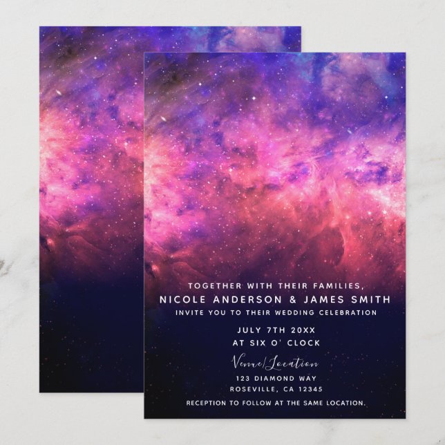 Invitation Mariage Ciel Étoilé Cosmique Galaxie Violet Rose (Devant / Derrière)