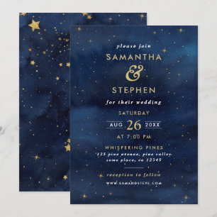 Invitation Mariage Ciel Nuit Étoilé Aquarelle Bleu & Or
