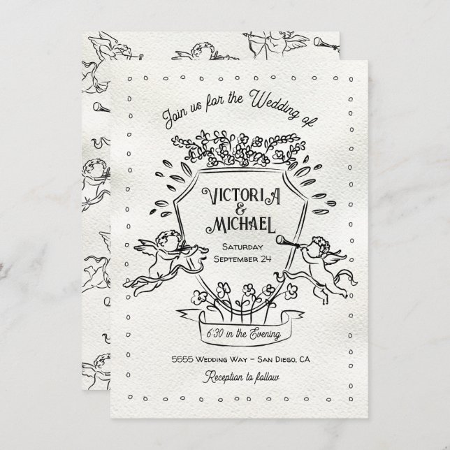 Invitation Mariage Cimier Cupide Cherub Doodle Drag (Devant / Derrière)