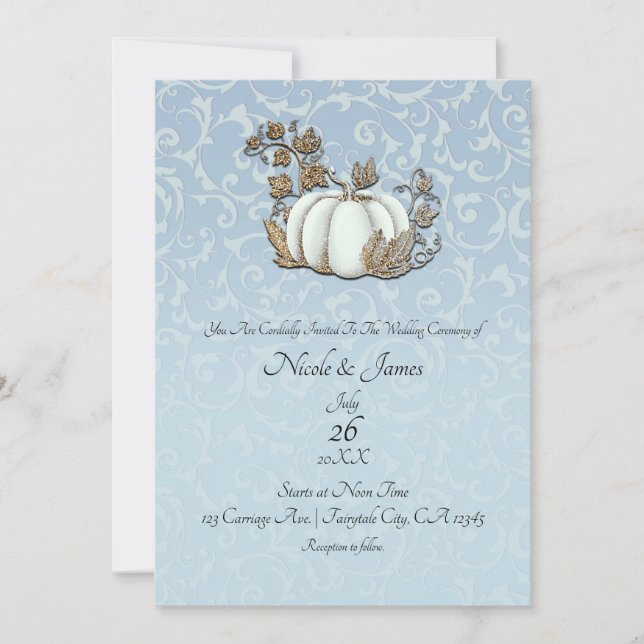 Invitation Mariage Cinderella Citrouille Bleu Gris Or et Blan (Devant)