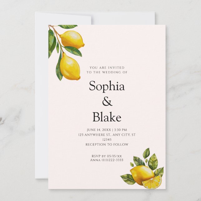 Invitation Mariage Citron Agrumes Rose Moderne sur le thème d (Devant)