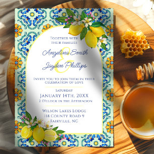 Invitation Mariage citron bleu méditerranéen et carrelage jau