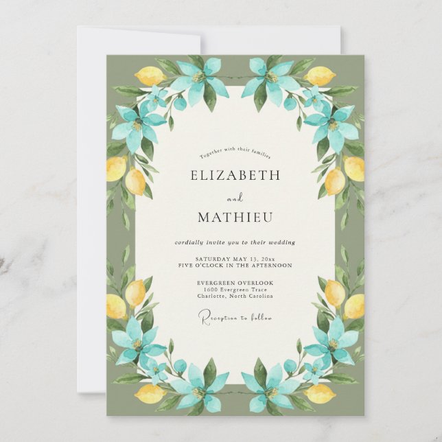 Invitation Mariage Citron Cyan Eucalyptus (Devant)