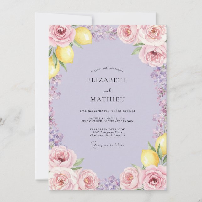 Invitation Mariage Citron Eucalyptus Lilas Clair (Devant)