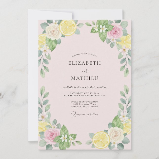 Invitation Mariage Citron Eucalyptus Rose Tendre (Devant)