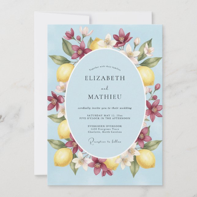 Invitation Mariage citron jaune Bourgogne Eucalyptus (Devant)