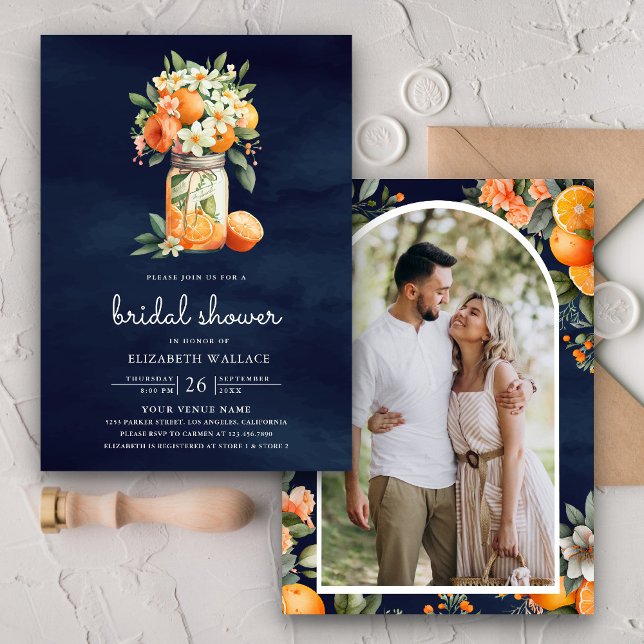 Invitation Mariage Citron Orange Bleu Marine Pot en Verre (Créateur téléchargé)