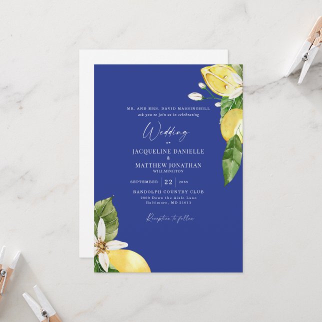 Invitation Mariage Citrons Aquarelle Bleu Tropical  (Devant/Arrière en situation)