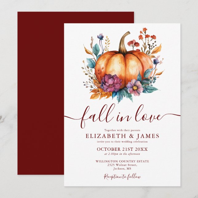 Invitation Mariage Citrouille Automne Bourguignon Rustique (Devant / Derrière)