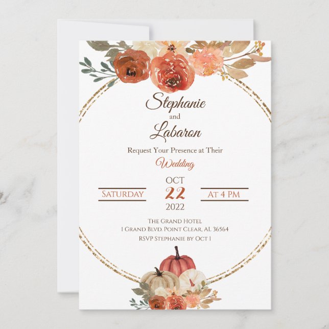 Invitation Mariage Citrouille Autum Floral (Devant)