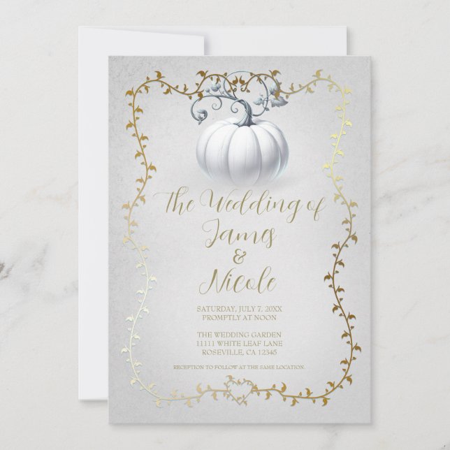 Invitation Mariage Citrouille Blanche Livre de Contes Or & Bl (Devant)