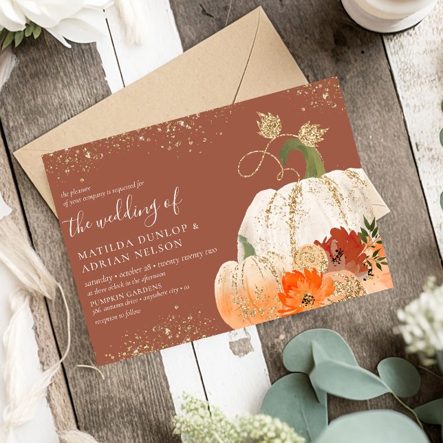Invitation Mariage Citrouille Floral Pailleté Or Rustique (Créateur téléchargé)