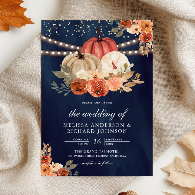 Invitation Mariage Citrouille Florale Orange Brûlé Bleu Nuit (Créateur téléchargé)