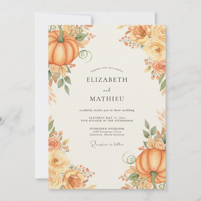 Invitation Mariage Citrouille Orange Eucalyptus D'automne (Devant)