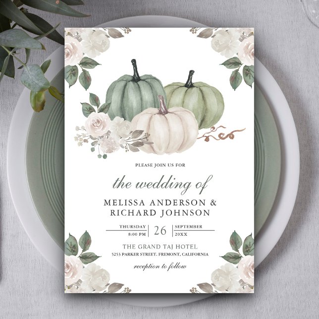 Invitation Mariage Citrouille Vert Sauge et Fleurs Blanches (Créateur téléchargé)