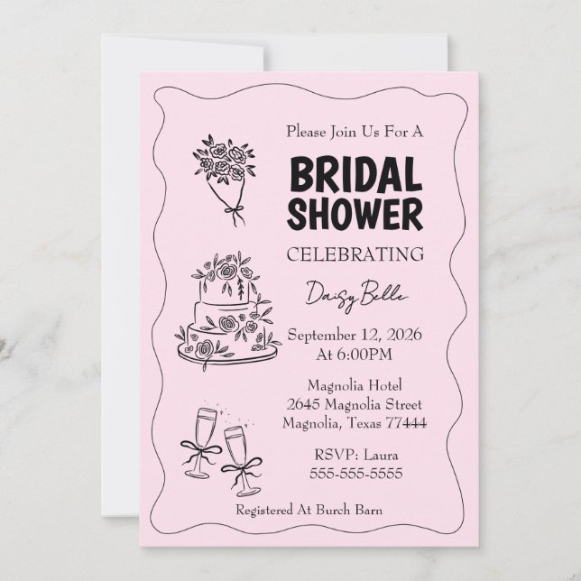 Invitation Mariage civil Fait-main Doodle Rose (Devant)