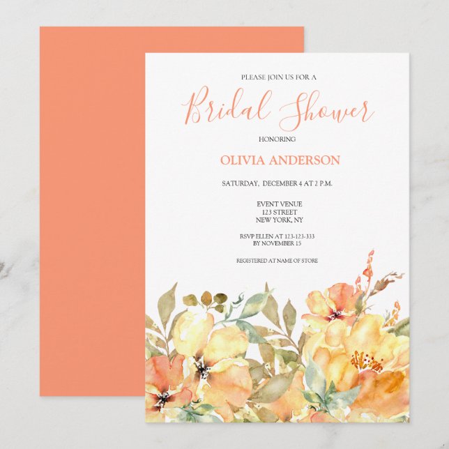 Invitation Mariage civil Fleurs Jaune Pêche  (Devant / Derrière)