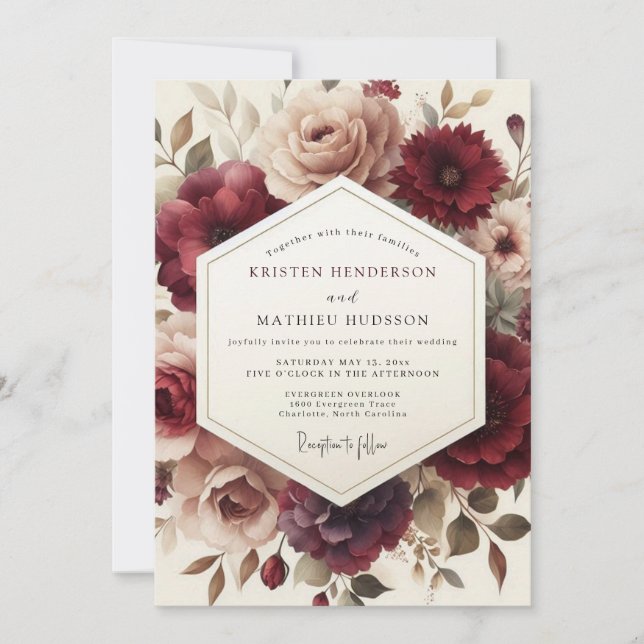 Invitation Mariage Claret Romantic Bloom (Devant)