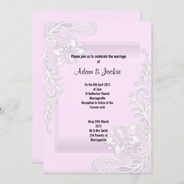 Invitation Mariage CLASSÉ ÉLÉGANT EN LACE ROSE (Devant / Derrière)