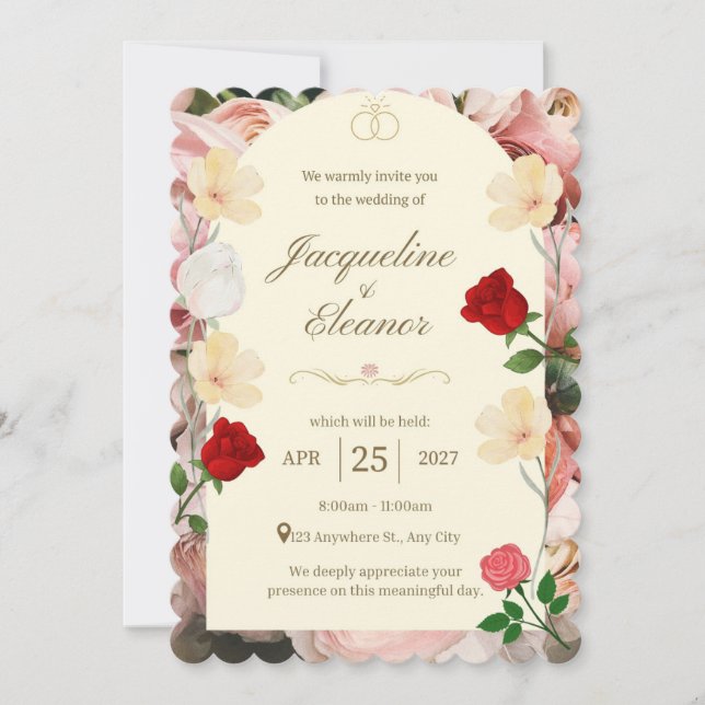 Invitation Mariage Classic Cream Arch avec Roses Rouges et Ja (Devant)