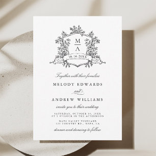 Invitation Mariage classique à crête florale noir et blanc