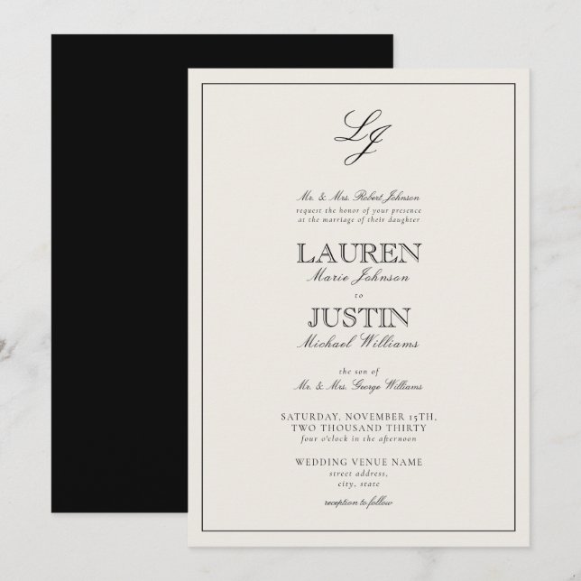 Invitation Mariage classique à monogramme en écriture noire e (Devant / Derrière)