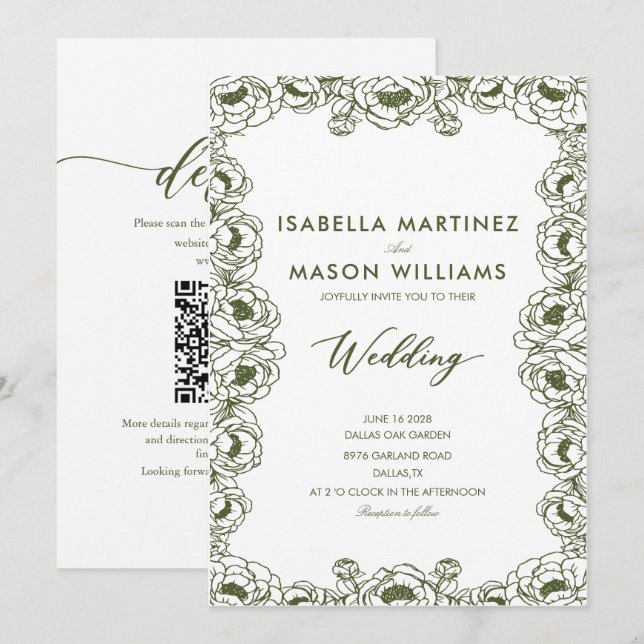 Invitation mariage classique à motif floral vert olive  (Devant / Derrière)