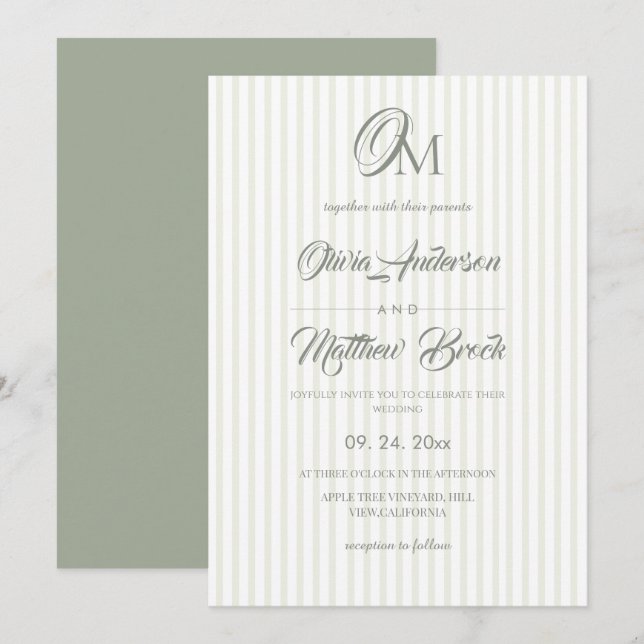 Invitation Mariage classique à rayures vert sauge (Devant / Derrière)