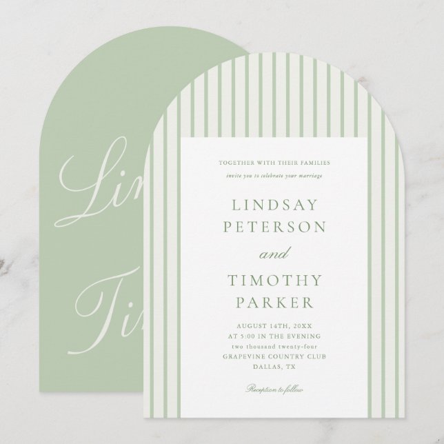 Invitation Mariage classique à rayures vertes (Devant / Derrière)