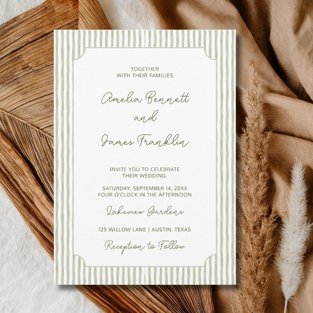 Invitation Mariage classique à rayures vertes aquarelle (Créateur téléchargé)