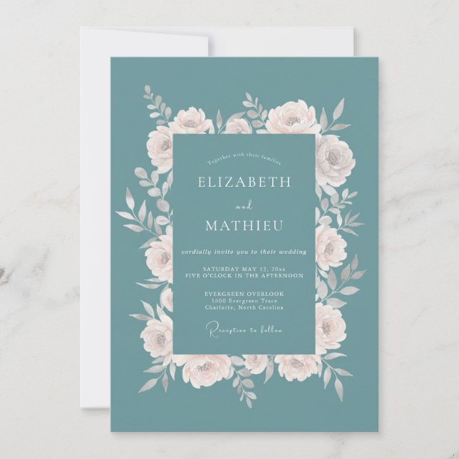 Invitation Mariage Classique Acier Ardoise Pétales (Devant)