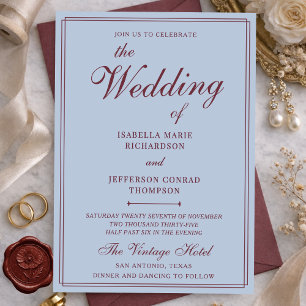 Invitation Mariage Classique Argent Ancien Bleu et Bourgogne