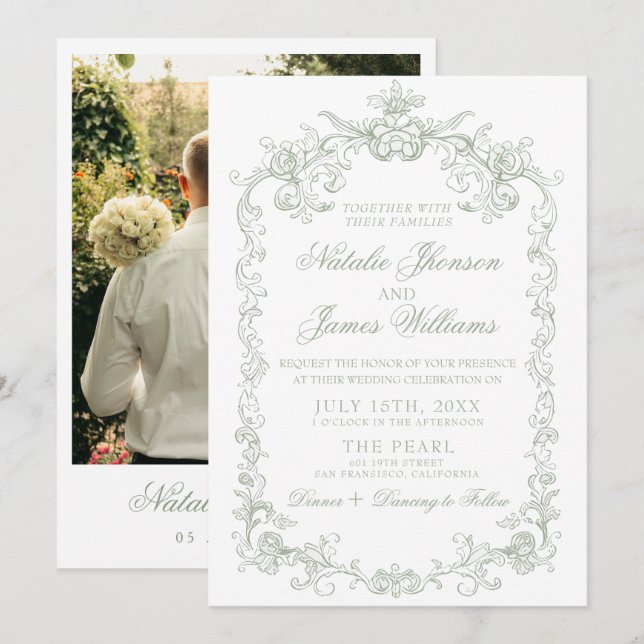 Invitation Mariage Classique Argent Ancien Vert Sauge (Devant / Derrière)