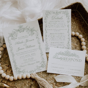 Invitation Mariage Classique Argent Ancien Vert Sauge