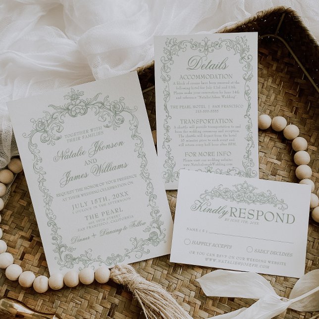 Invitation Mariage Classique Argent Ancien Vert Sauge (Créateur téléchargé)