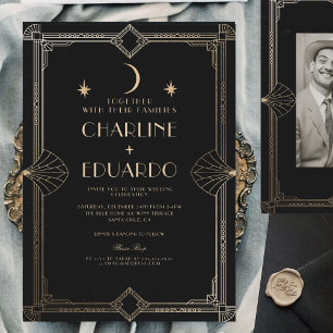 Invitation Mariage classique Art Déco élégant Black Gold des
